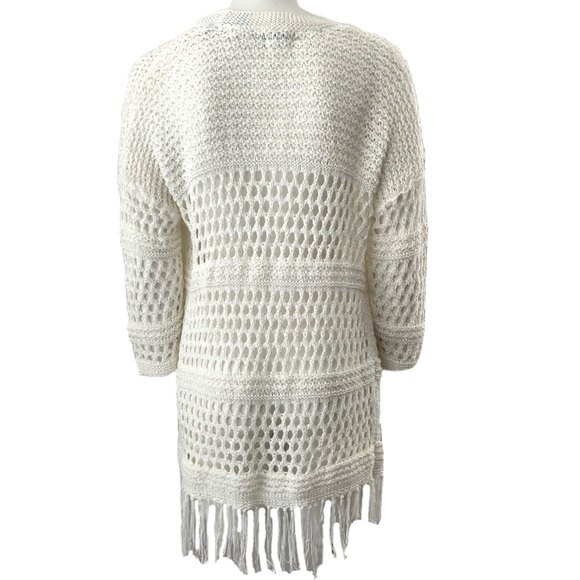 Premise Fringed Open Front Sweater Size L Ivory 3/4 Sleeve - Picture 2 of 10